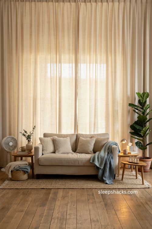Cozy throw blankets and small pillows in a warm therapy office with comfortable sofa and natural textures 
