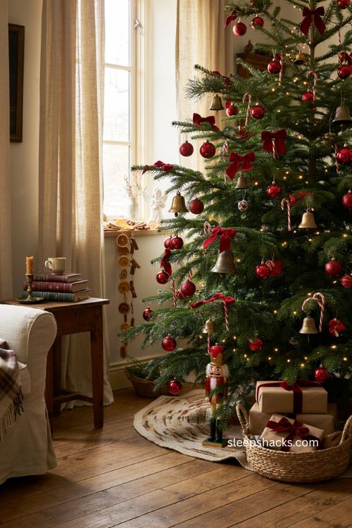 Cozy traditional Christmas tree with red velvet bows and vintage ornaments