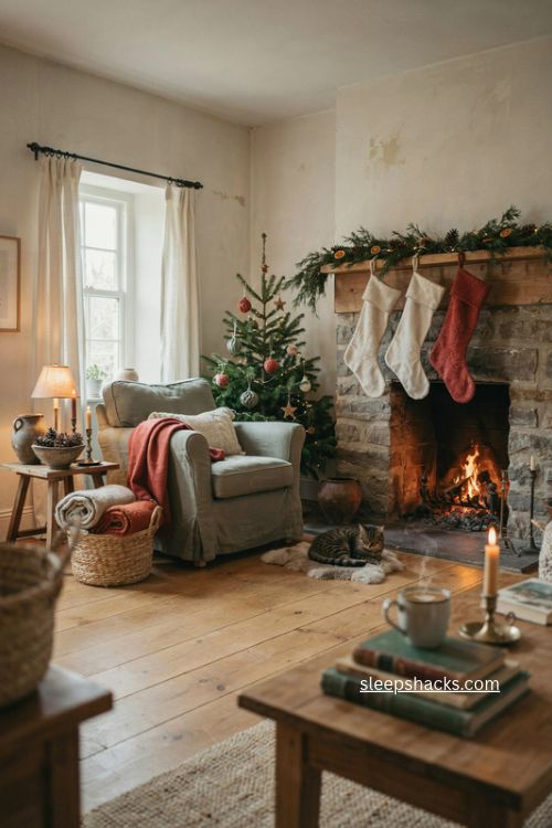 Cozy vintage cottage Christmas living room with soft textures and collected holiday decor 