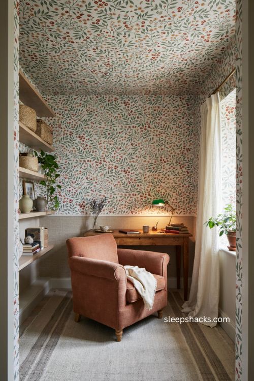 Cozy wallpaper home office with vintage decor and warm botanical pattern