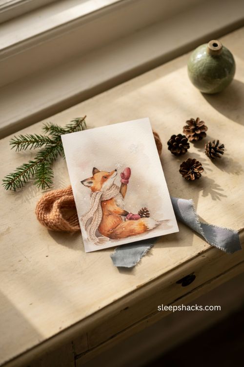 Cozy woodland fox Christmas card with scarf mittens snow and pinecone 