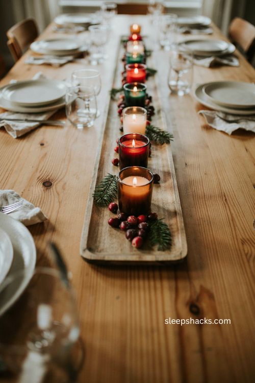 Cranberries and candles Christmas tray centerpiece with greenery 