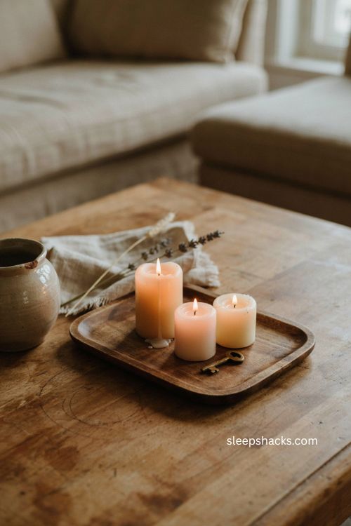 Cream pillar candles on wooden tray for minimalist Halloween living room decor
