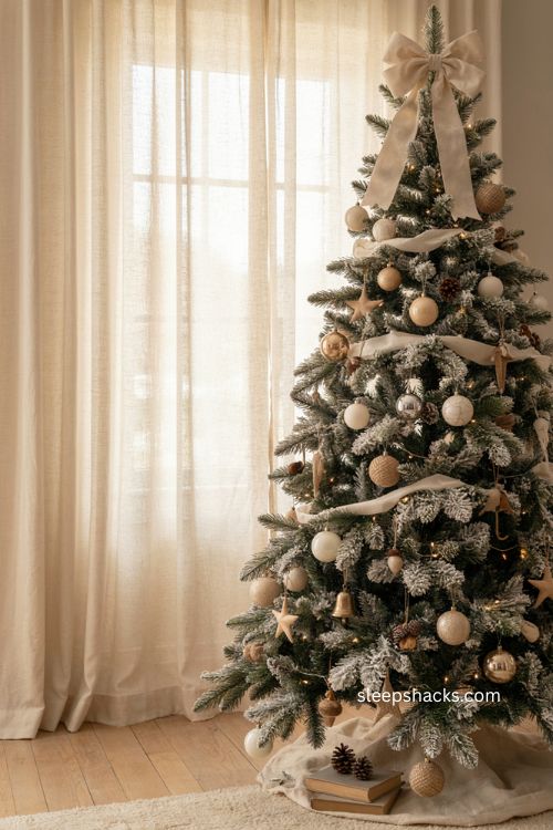Cream velvet bow Christmas tree topper on a flocked neutral white Christmas tree 