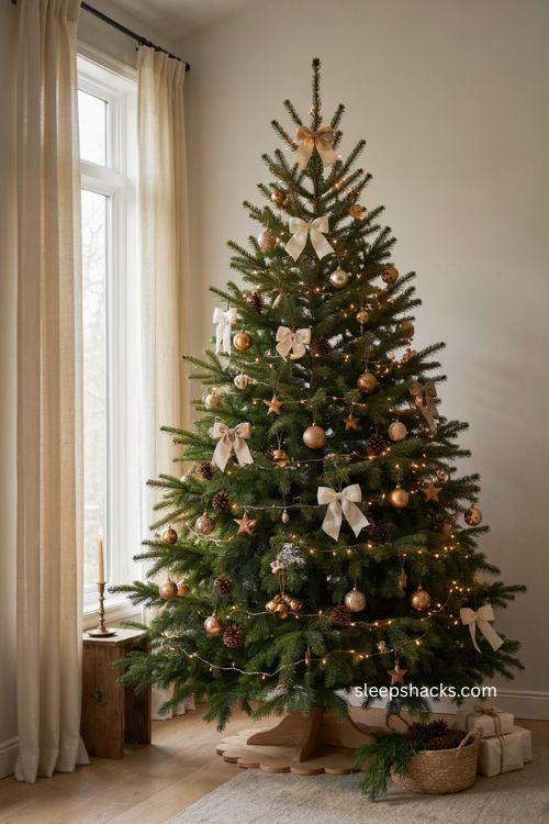 Cream velvet bows on an elegant Christmas tree with gold ornaments 