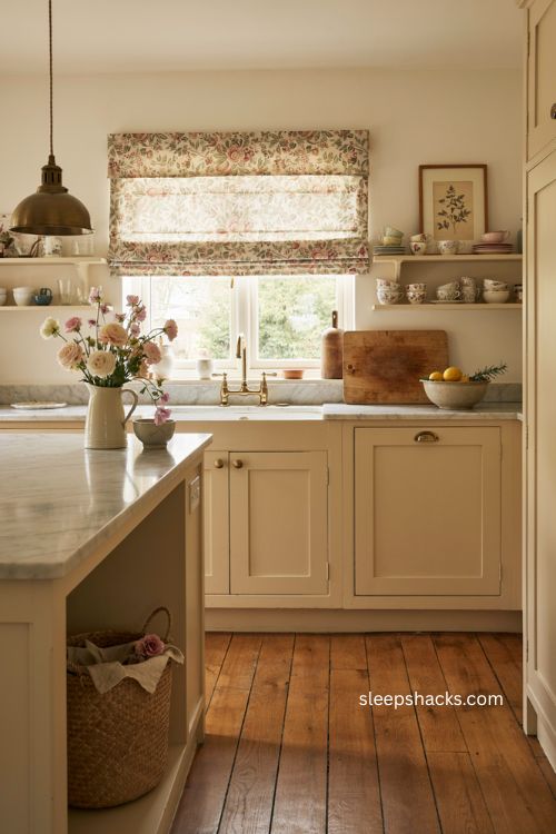 Creamy beige kitchen with marble counters brass accents and fresh floral touches 