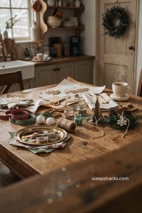 Creative Christmas crafts with cozy farmhouse craft table and handmade holiday decor