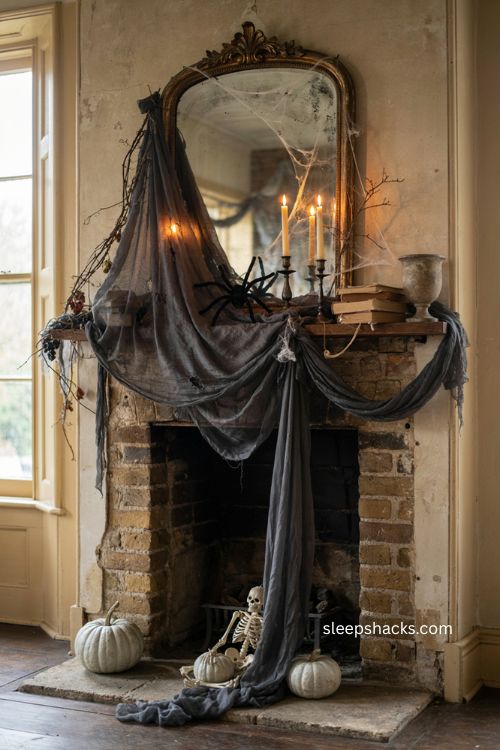 Creepy cloth mantle decor ideas for a spooky gothic Halloween fireplace 