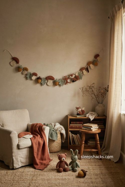 Crocheted woodland garland with mushrooms acorns and fox in a cozy kids reading nook
