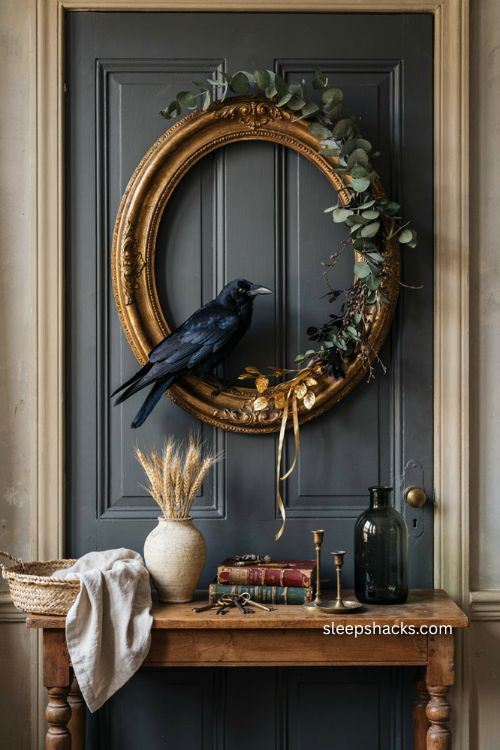 Crow Halloween wreath with vintage gold frame dark greenery and elegant spooky decor