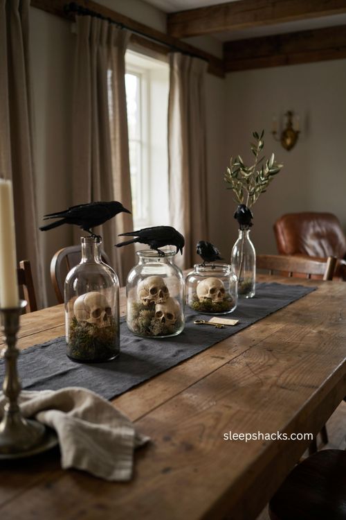 Crow and skull vase centerpiece with faux moss for a moody gothic halloween table