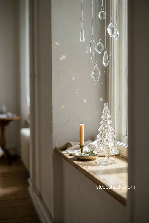 Crystal Christmas tree and prism window display with natural rainbow light