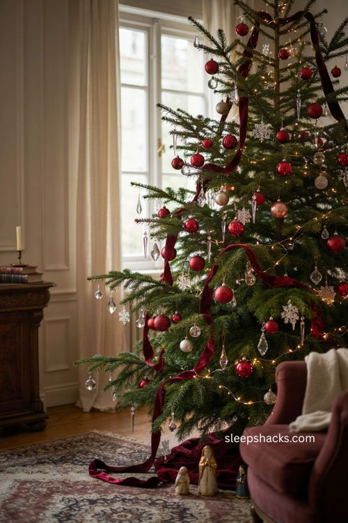 Crystal and red christmas tree with deep red velvet ribbon sparkling ornaments and warm white lights 