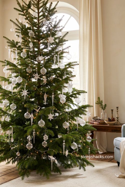 Crystal christmas tree ornaments with sparkling snowflakes stars icicles and faceted baubles 