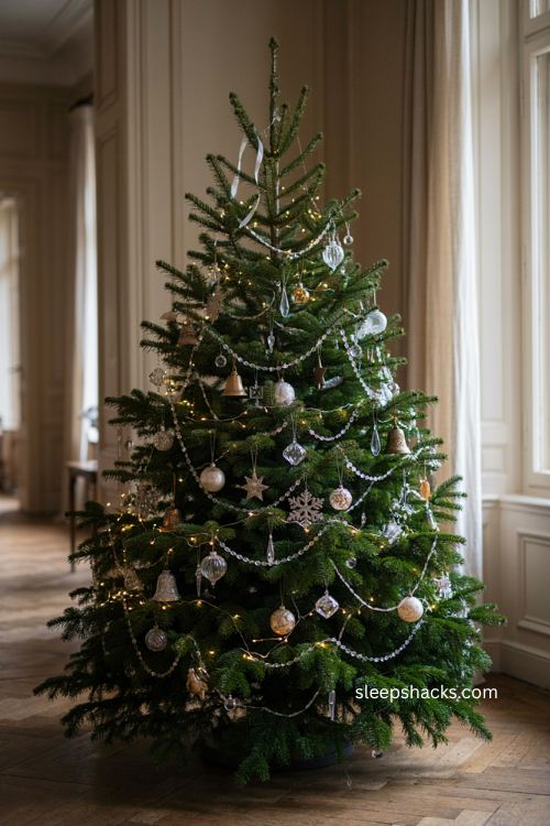 Crystal garland christmas tree with loose glass bead curves warm white lights and elegant sparkling ornaments 