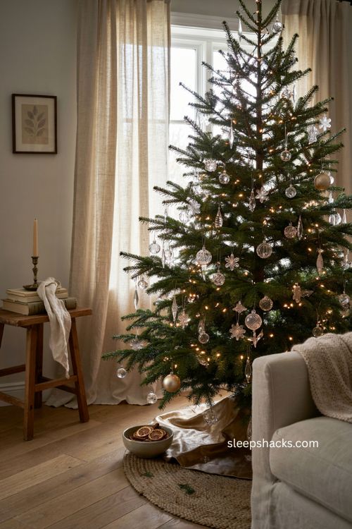 Crystal leaf and floral branches filling an older Christmas tree