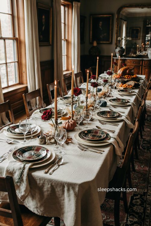 Crystal silver and plaid china Thanksgiving table with Ralph Lauren inspired eclectic decor 