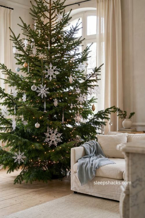Crystal snowflake christmas tree with scattered faceted ornaments oversized snowflakes and warm winter lights 