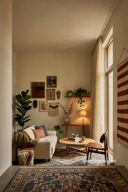Cultural art and handcrafted accents in a warm modern corporate office