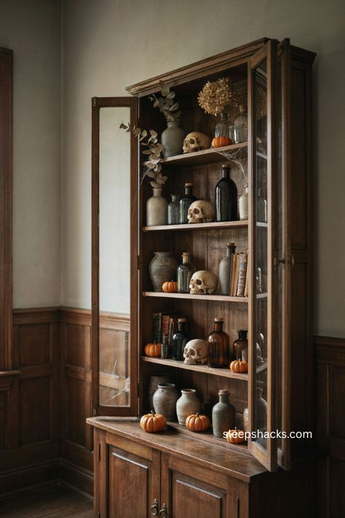 Curated Halloween cabinet display with potion bottles skulls ceramic pieces and pumpkin spice accents