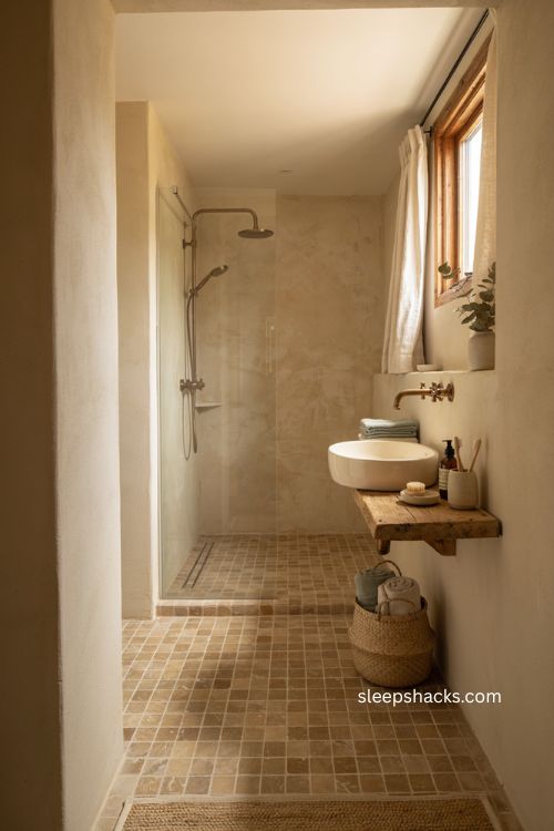 Curbless doorless shower idea for a rustic small bathroom