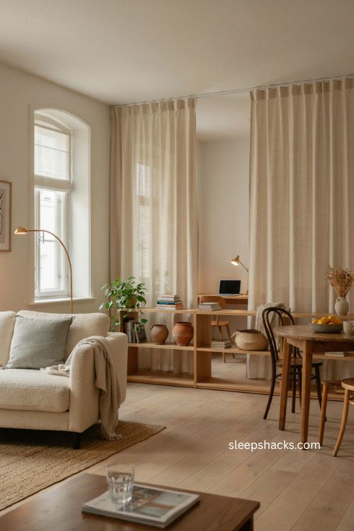 Curtain and open shelf room divider for a small living space 