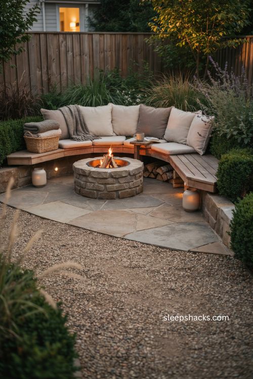 Curved bench fire pit ideas for a cozy small backyard seating area 