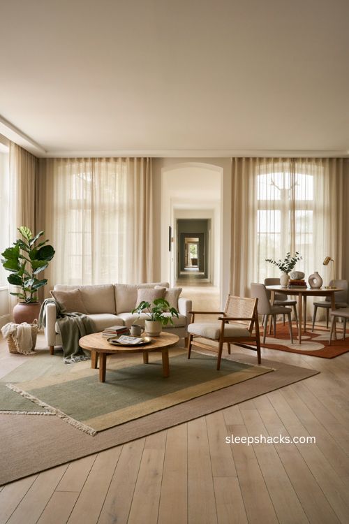 Custom layered rugs defining cozy lounge and meeting zones in a modern corporate office