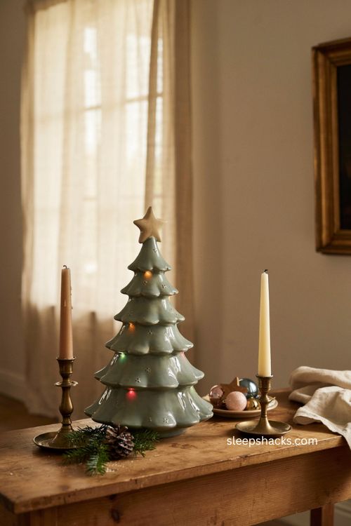 Custom painted ceramic christmas tree in dusty sage blue green with vintage holiday decor