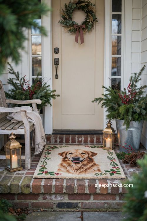 Custom pet portrait Christmas doormat with watercolor dog or cat design and cozy holiday porch decor 