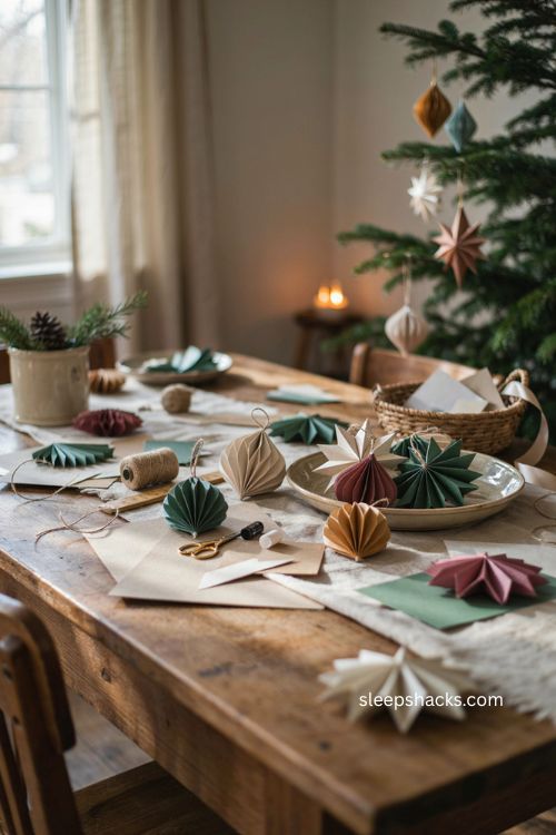 Cut paper Christmas ornaments with art deco shapes and elegant handmade holiday decor