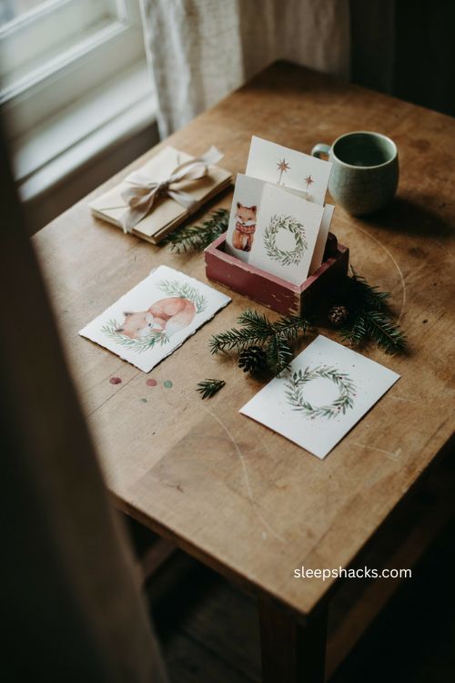 Cute Christmas cards with cozy watercolor wreaths and fox illustrations 