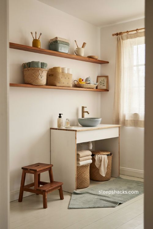 Cute kids bathroom storage ideas with woven animal face baskets