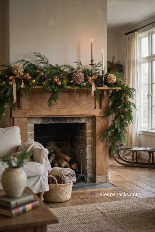 Cypress and fir Christmas garland with warm white lights and natural brown accents