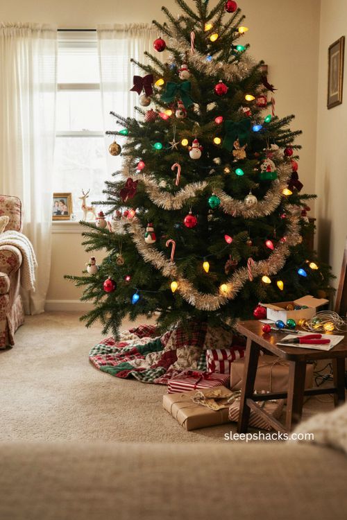 DIY 90s christmas tree with colored light covers and nostalgic vintage decorations