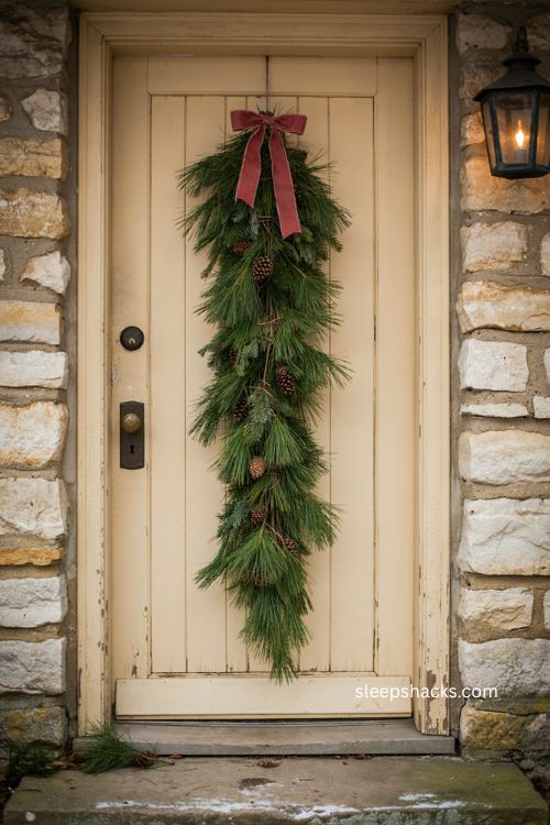 DIY Christmas door swag with layered pine greenery pinecones and ribbon