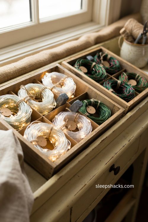 DIY Christmas light storage with labeled remote plugs and organized holiday cords 