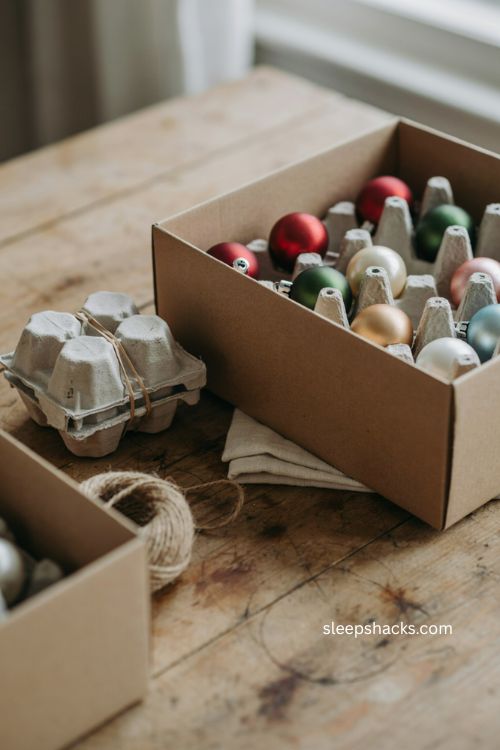 DIY Christmas ornament storage using egg cartons for small baubles and fragile decorations 