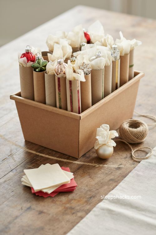 DIY Christmas ornament storage with cardboard tubes and tissue paper for fragile decorations 