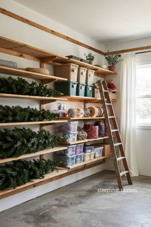 DIY Christmas storage shelves with organized bins and dedicated space for tree parts 