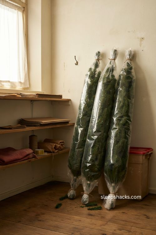 DIY Christmas tree storage hacks using plastic wrap to keep branches compact and dust free 