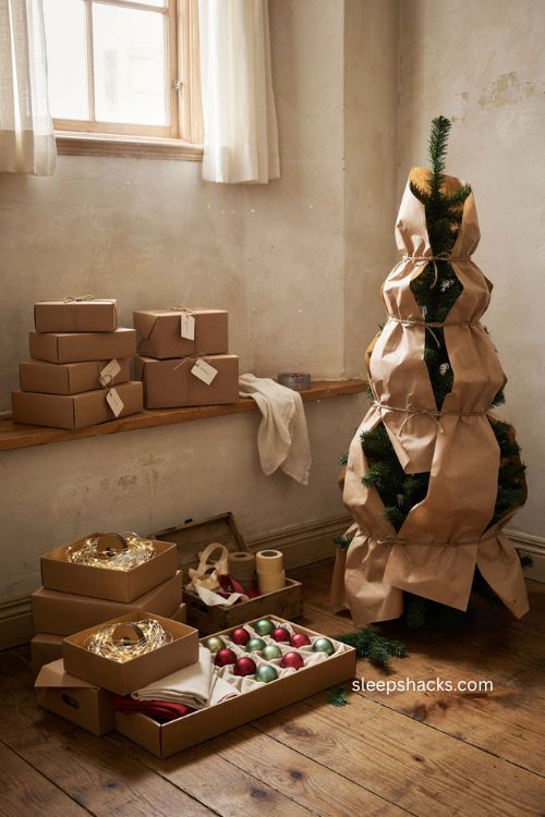 DIY Christmas tree storage hacks with cardboard boxes tape lights and simple holiday organization 
