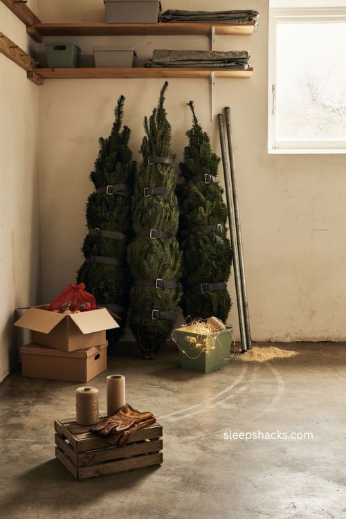 DIY Christmas tree storage hacks with utility straps for compact tree sections 