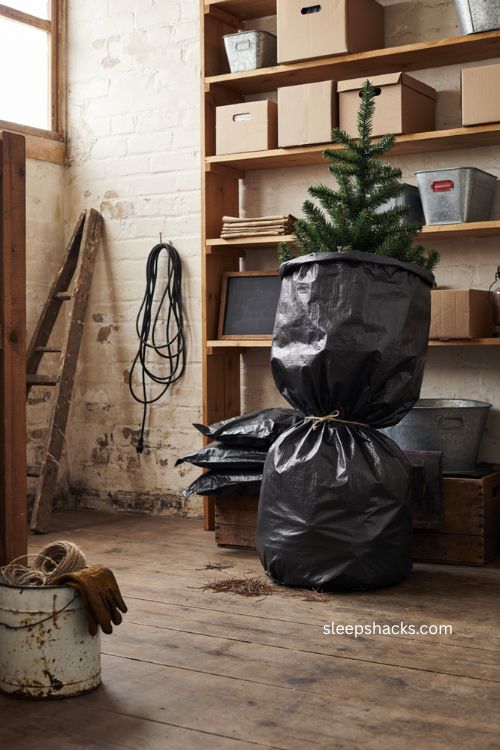 DIY Christmas tree storage using a heavy duty trash bag as a simple backup cover 