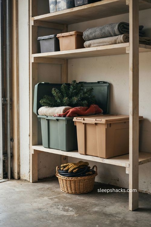 DIY Christmas tree storage using large plastic bins towels and blankets for seasonal organization 