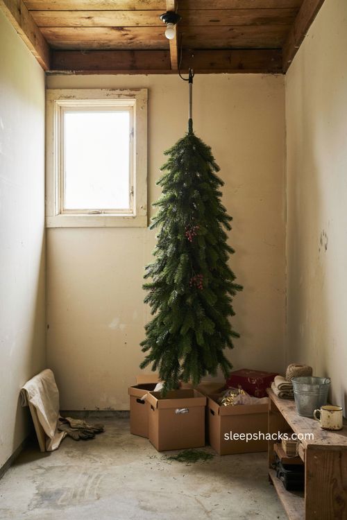 DIY Christmas tree storage with ceiling hooks for space saving garage organization 