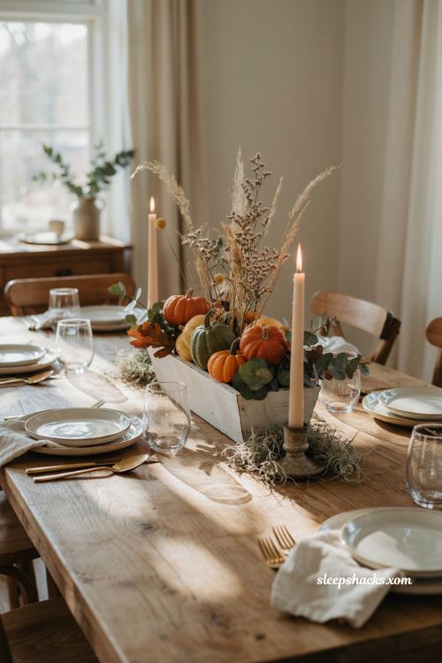 DIY Thanksgiving cornucopia centerpiece with planter box pumpkins gourds and dried flowers