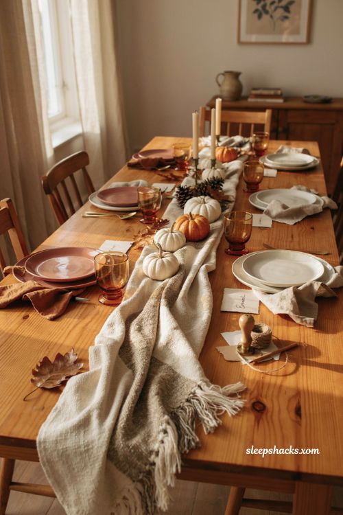 DIY Thanksgiving table runner using a blanket scarf and simple farmhouse decor
