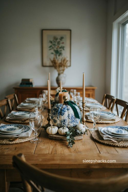 DIY blue and white chinoiserie pumpkin Thanksgiving table decor
