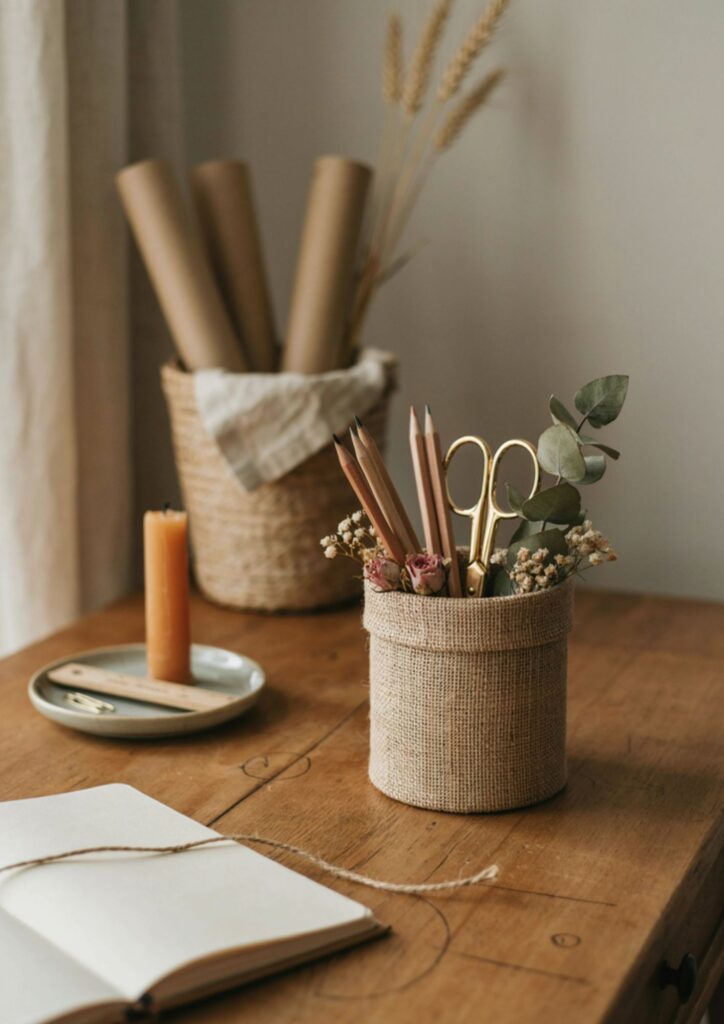 DIY burlap pencil holder with delicate floral details for cottage office decor 